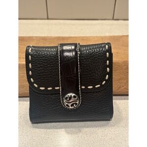 Brighton Black Pebbled Leather Bifold Wallet Whipstitch Croc Trim Silver Snap